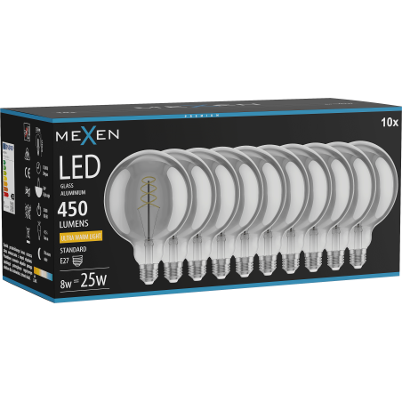 Mexen Vintis 10x LED Spiral Filament Bulb E27, G125, 8W, Warm - 2200K, 450 lm, smoke - L168-E27-0822-70x10