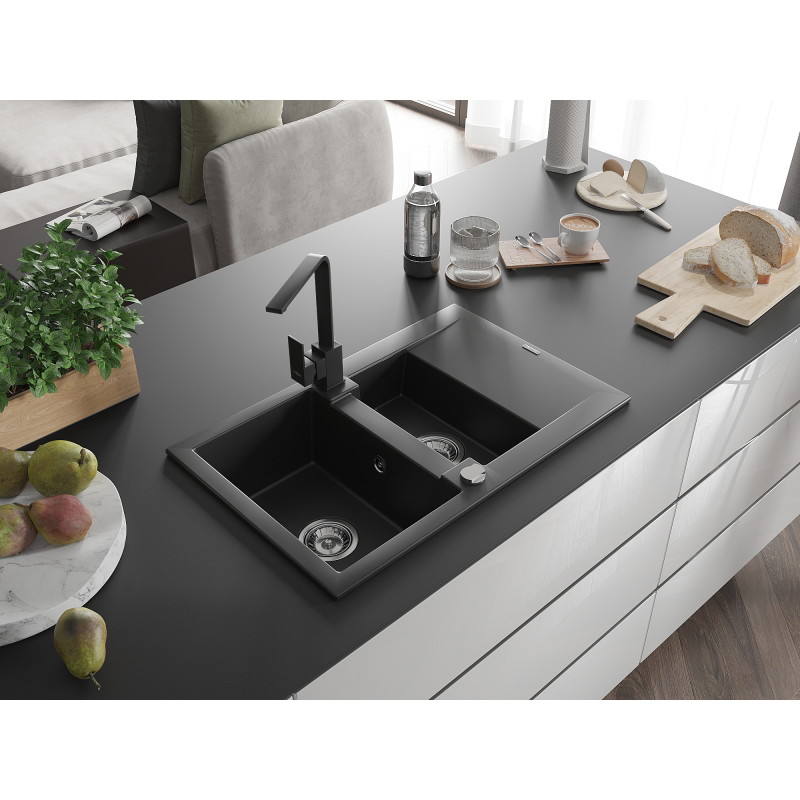 Mexen Gaspar granite kitchen sink 1.5-bowl with drainer and Rita kitchen faucet, black - 6507-77-670300-70