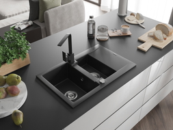 Mexen Gaspar 1.5-bowl granite sink with drainer and Rita kitchen faucet, black - 6507-77-670300-70