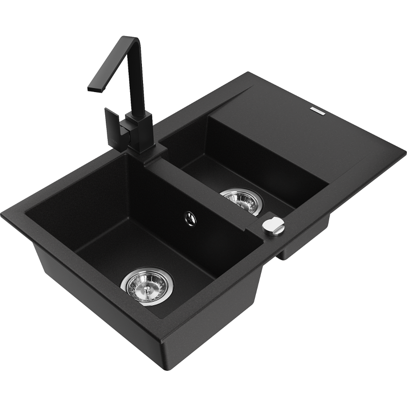 Mexen Gaspar 1.5-compartment granite sink with a drip tray and kitchen mixer tap Rita, Black - 6507-77-670300-70