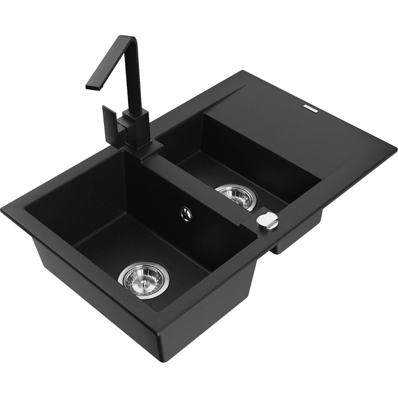 Mexen Gaspar granite kitchen sink 1.5-bowl with drainer and Rita kitchen faucet, black - 6507-77-670300-70