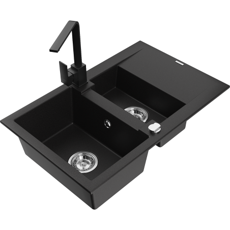 Mexen Gaspar granite kitchen sink 1.5-bowl with drainer and Rita kitchen faucet, black - 6507-77-670300-70