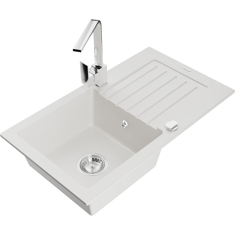 Mexen Pablo granite kitchen sink single-bowl with drainer and kitchen faucet Rita, white - 6510-20-670300-00
