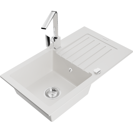 Mexen Pablo 1-compartment granite sink with a drip tray and kitchen mixer tap Rita, White - 6510-20-670300-00