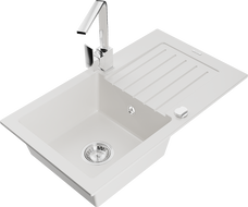 Mexen Pablo granite kitchen sink 1-bowl with drainer and kitchen faucet Rita, white - 6510-20-670300-00