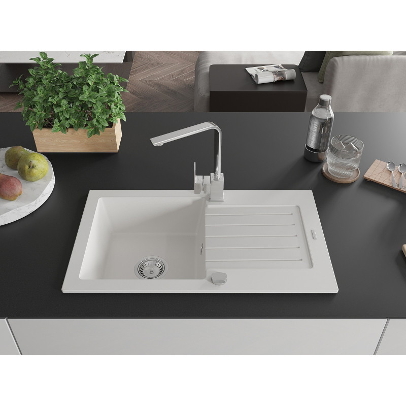 Mexen Pablo granite kitchen sink 1-bowl with drainer and kitchen faucet Rita, white - 6510-20-670300-00