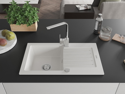 Mexen Pablo 1-compartment granite sink with a drip tray and kitchen mixer tap Rita, White - 6510-20-670300-00