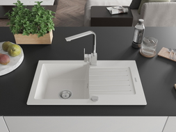 Mexen Pablo granite kitchen sink 1-bowl with drainer and kitchen faucet Rita, white - 6510-20-670300-00