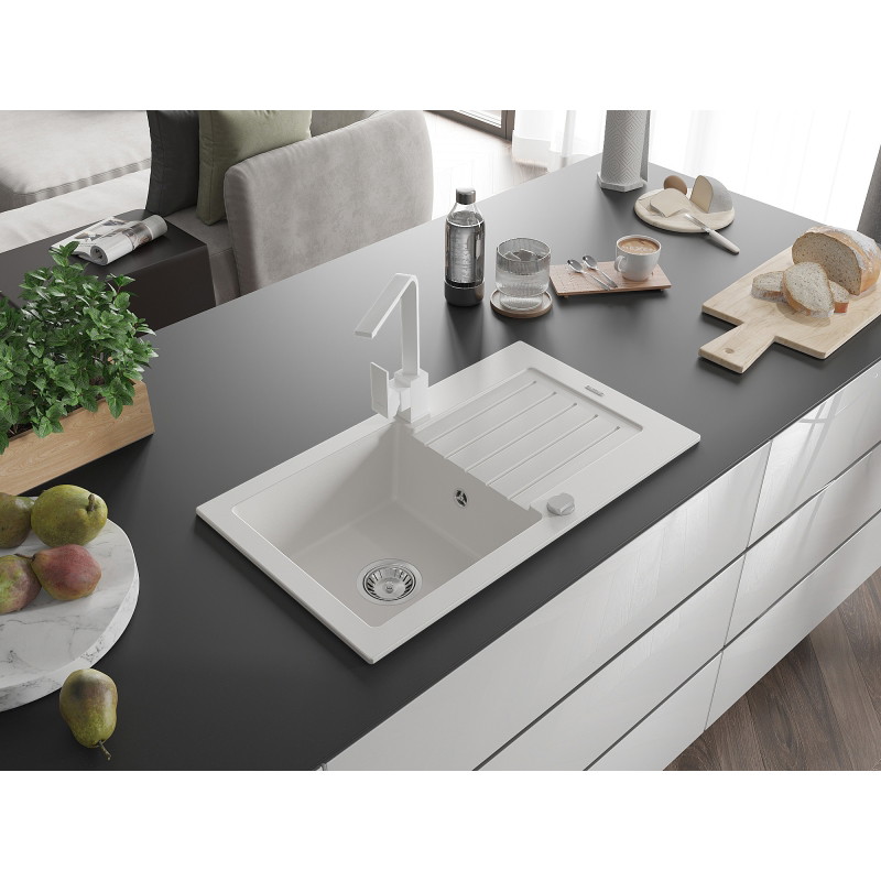 Mexen Pablo granite kitchen sink 1-bowl with drainer and Rita kitchen faucet, white - 6510-20-670300-20