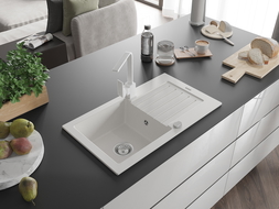 Mexen Pablo granite kitchen sink 1-bowl with drainer and Rita kitchen tap, white - 6510-20-670300-20