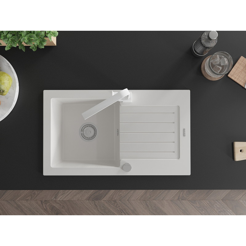 Mexen Pablo granite kitchen sink 1-bowl with drainer and Rita kitchen faucet, white - 6510-20-670300-20