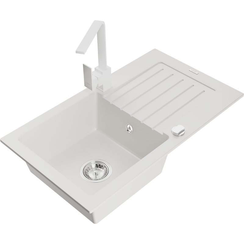 Mexen Pablo granite kitchen sink 1-bowl with drainer and Rita kitchen tap, white - 6510-20-670300-20