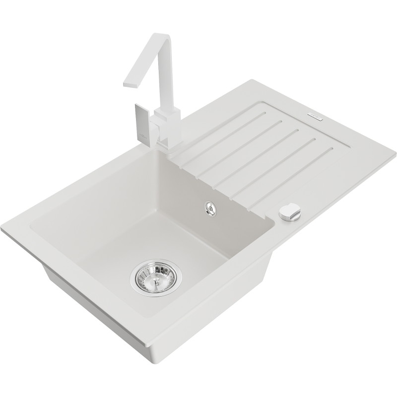 Mexen Pablo granite single-bowl sink with drainer and Rita kitchen faucet, white - 6510-20-670300-20