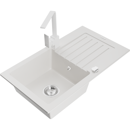 Mexen Pablo granite kitchen sink 1-bowl with drainer and Rita kitchen faucet, white - 6510-20-670300-20