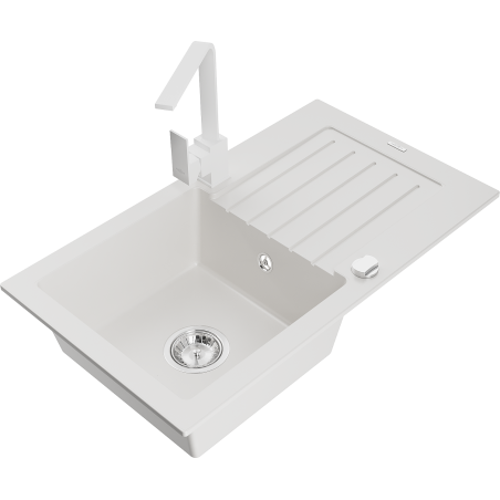 Mexen Pablo granite kitchen sink 1-bowl with drainer and Rita kitchen tap, white - 6510-20-670300-20