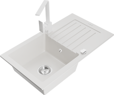 Mexen Pablo granite kitchen sink 1-bowl with drainer and Rita kitchen faucet, white - 6510-20-670300-20
