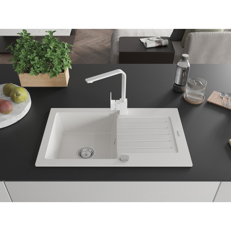 Mexen Pablo granite kitchen sink 1-bowl with drainer and Rita kitchen faucet, white - 6510-20-670300-20