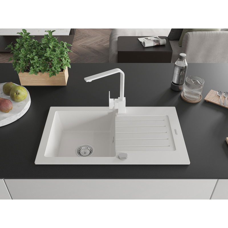 Mexen Pablo granite kitchen sink 1-bowl with drainer and Rita kitchen tap, white - 6510-20-670300-20