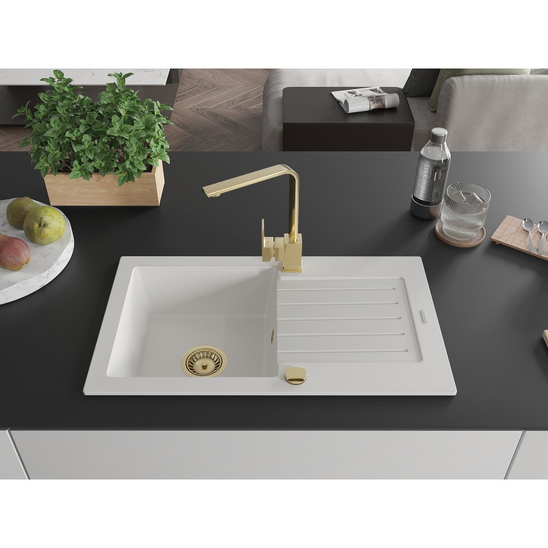 Mexen Pablo granite sink 1-bowl with drainer and Rita kitchen faucet, white - 6510-20-670300-50