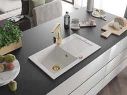Mexen Pablo granite sink 1-bowl with drainer and Rita kitchen faucet, white - 6510-20-670300-50