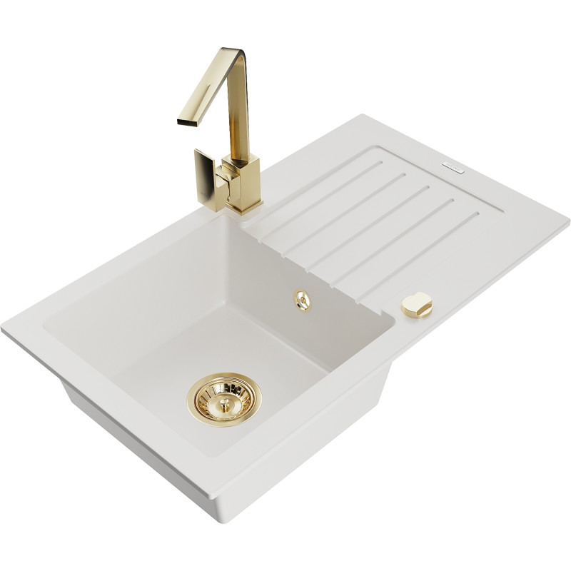 Mexen Pablo granite sink 1-bowl with drainer and Rita kitchen faucet, white - 6510-20-670300-50
