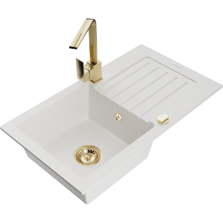 Mexen Pablo granite 1-bowl sink with drainer and Rita kitchen faucet, white - 6510-20-670300-50