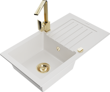Mexen Pablo granite sink 1-bowl with drainer and Rita kitchen faucet, white - 6510-20-670300-50