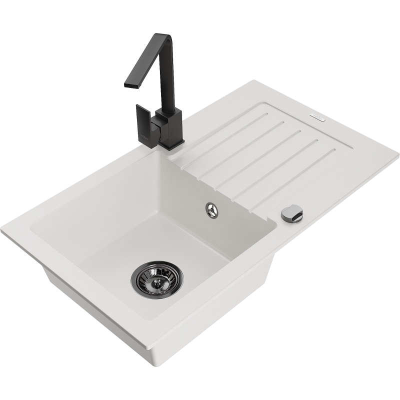 Mexen Pablo 1-Bowl Granite Kitchen Sink with Drainer and Rita Kitchen Tap, White - 6510-20-670300-70