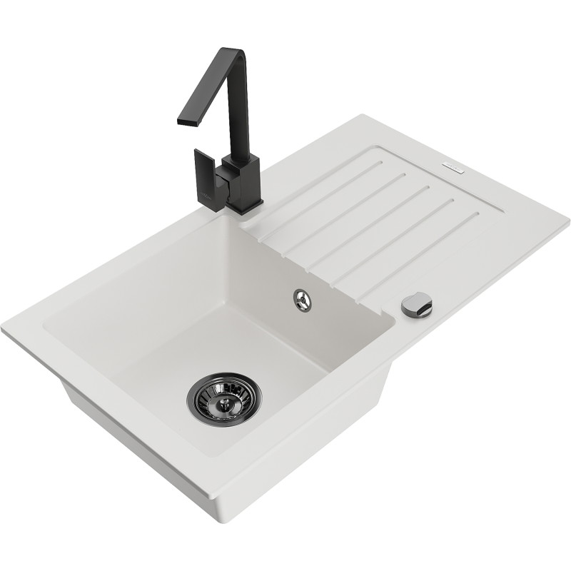 Mexen Pablo granit kitchen sink 1-bowl with drainer and Rita kitchen faucet, white - 6510-20-670300-70