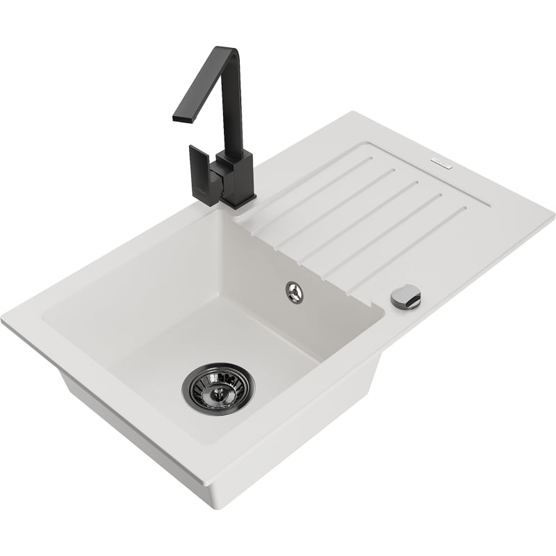 Mexen Pablo granite kitchen sink 1-bowl with drainer and kitchen faucet Rita, white - 6510-20-670300-70