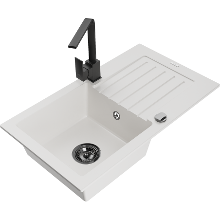 Mexen Pablo 1-Bowl Granite Kitchen Sink with Drainer and Rita Kitchen Tap, White - 6510-20-670300-70