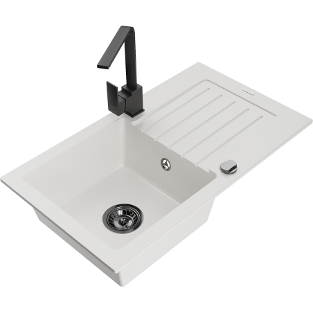 Mexen Pablo granite kitchen sink 1-bowl with drainer and kitchen faucet Rita, white - 6510-20-670300-70