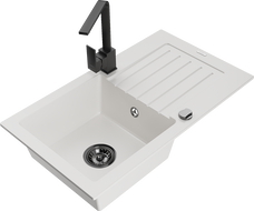 Mexen Pablo 1-compartment granite sink with a drip tray and kitchen mixer tap Rita, White - 6510-20-670300-70
