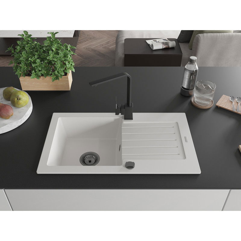 Mexen Pablo 1-Bowl Granite Kitchen Sink with Drainer and Rita Kitchen Tap, White - 6510-20-670300-70