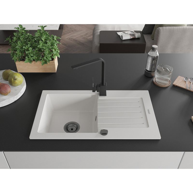 Mexen Pablo granit kitchen sink 1-bowl with drainer and Rita kitchen faucet, white - 6510-20-670300-70