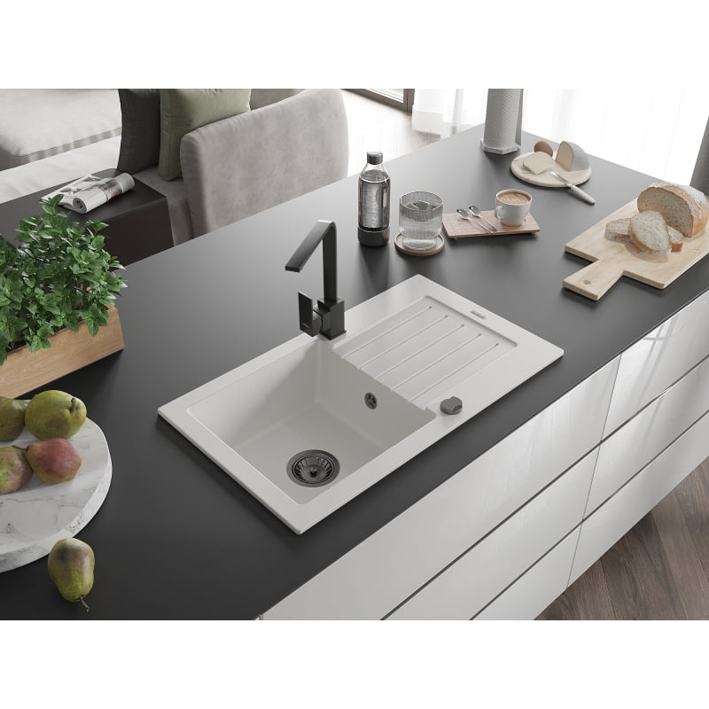 Mexen Pablo granite kitchen sink 1-bowl with drainer and kitchen faucet Rita, white - 6510-20-670300-70