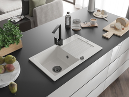 Mexen Pablo 1-compartment granite sink with a drip tray and kitchen mixer tap Rita, White - 6510-20-670300-70