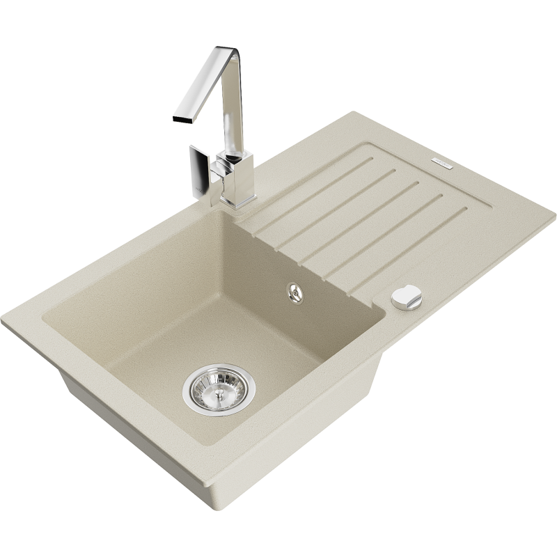 Mexen Pablo granite sink 1-bowl with drainer and Rita kitchen tap, beige - 6510-69-670300-00