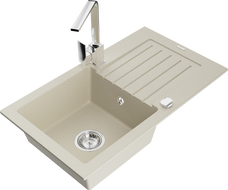 Mexen Pablo single-bowl granite sink with drainer and Rita kitchen faucet, beige - 6510-69-670300-00