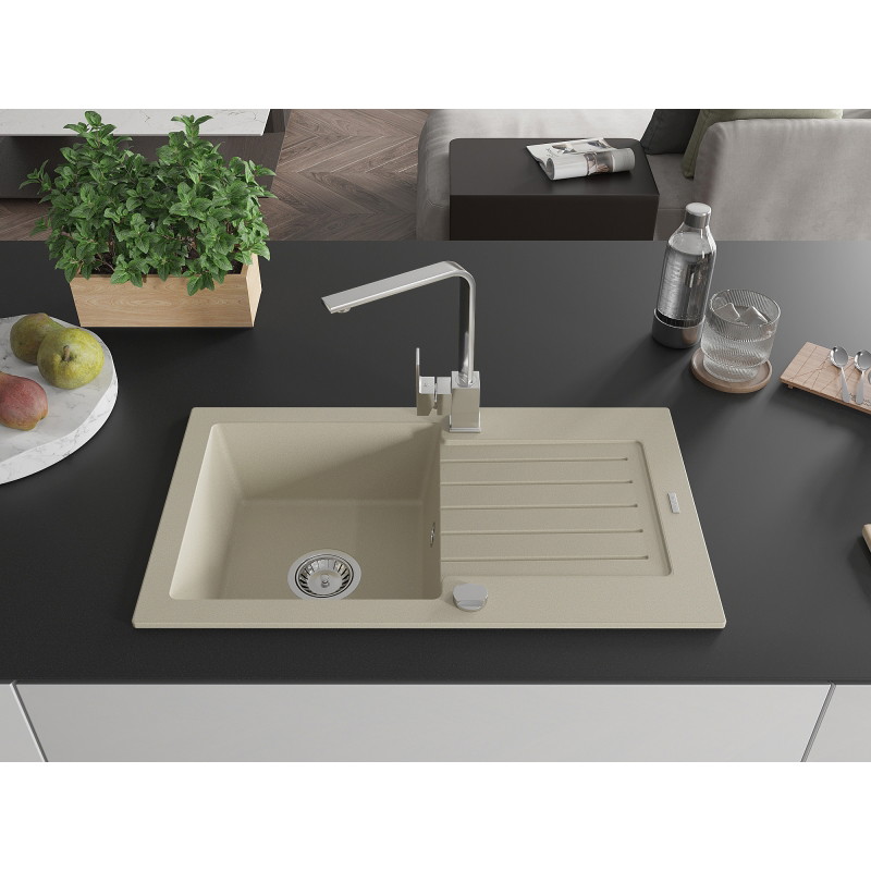 Mexen Pablo single-bowl granite sink with drainer and Rita kitchen faucet, beige - 6510-69-670300-00