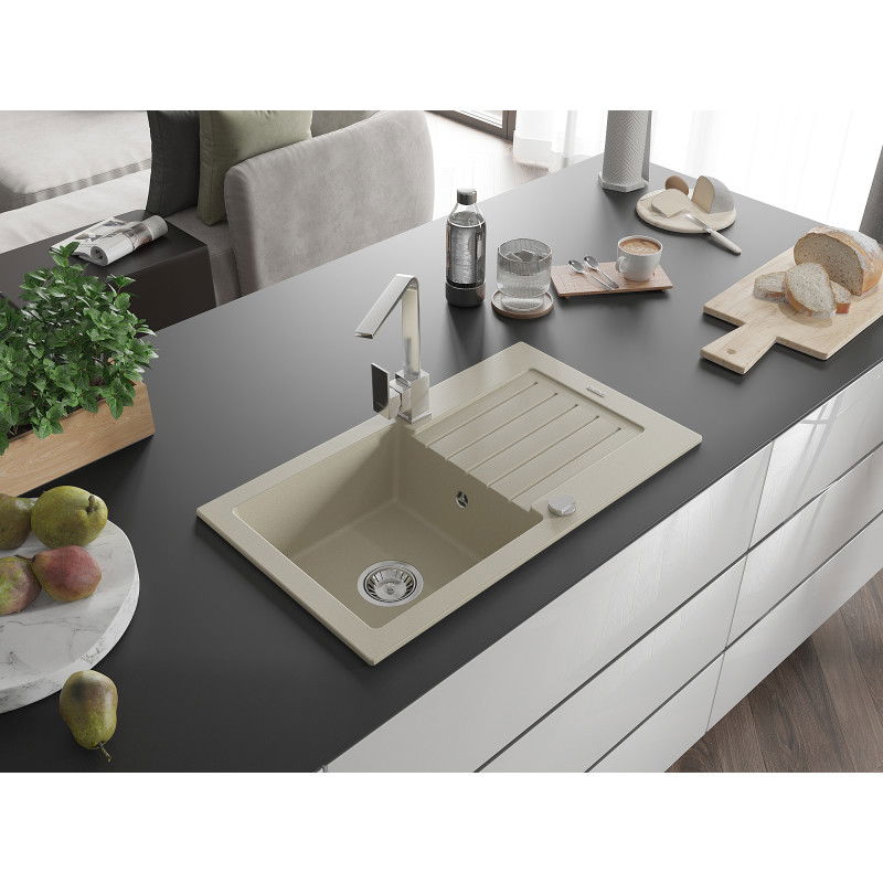 Mexen Pablo granite sink 1-bowl with drainer and Rita kitchen tap, beige - 6510-69-670300-00