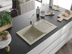 Mexen Pablo 1-compartment granite sink with a drip tray and kitchen mixer tap Rita, Beige - 6510-69-670300-00