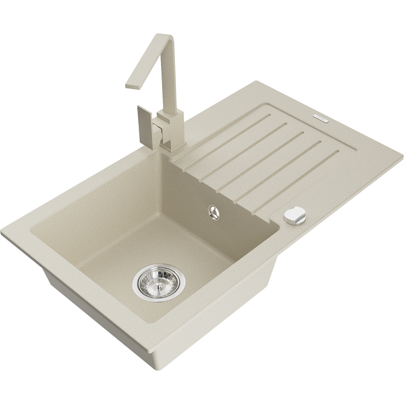 Mexen Pablo 1-bowl granite sink with drainer and Rita kitchen tap, beige - 6510-69-670300-69