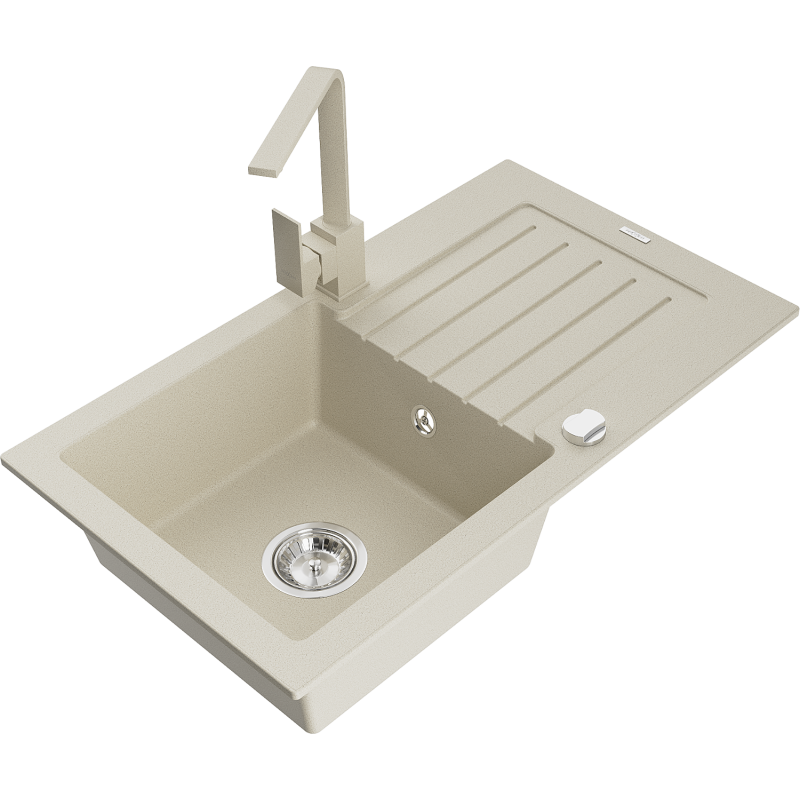 Mexen Pablo 1-compartment granite sink with a drip tray and kitchen mixer tap Rita, Beige - 6510-69-670300-69
