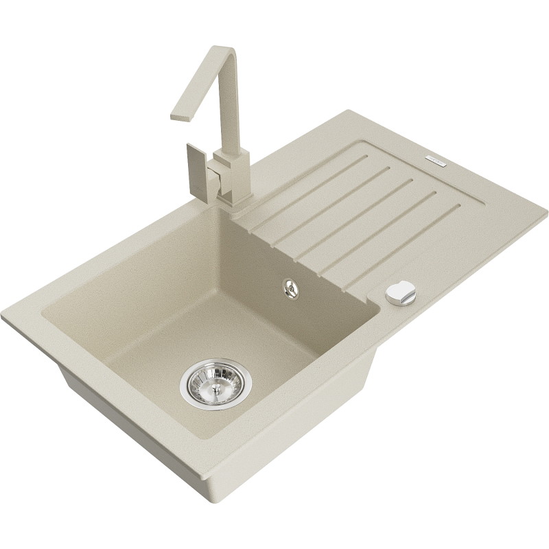 Mexen Pablo granite kitchen sink single-bowl with drainer and kitchen faucet Rita, beige - 6510-69-670300-69