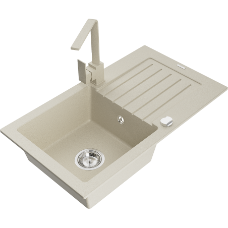 Mexen Pablo 1-compartment granite sink with a drip tray and kitchen mixer tap Rita, Beige - 6510-69-670300-69