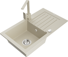 Mexen Pablo 1-compartment granite sink with a drip tray and kitchen mixer tap Rita, Beige - 6510-69-670300-69