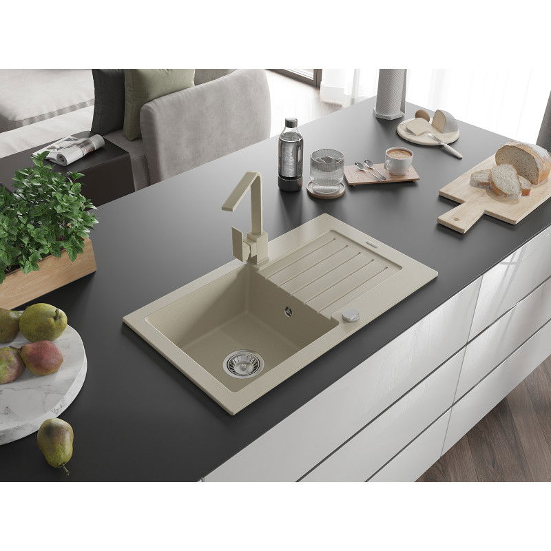 Mexen Pablo 1-bowl granite sink with drainer and Rita kitchen tap, beige - 6510-69-670300-69