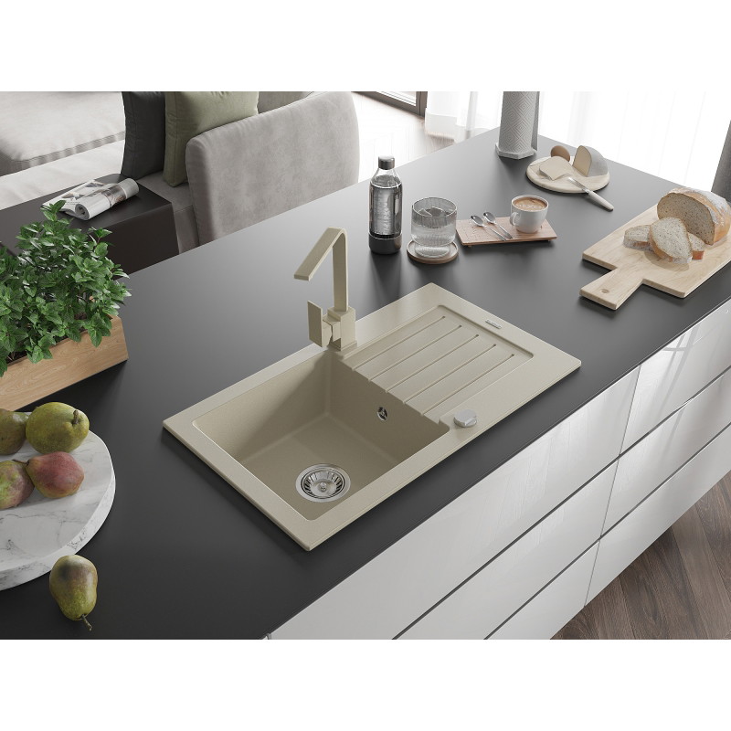 Mexen Pablo granite kitchen sink single-bowl with drainer and kitchen faucet Rita, beige - 6510-69-670300-69