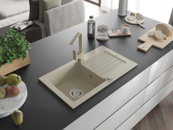 Mexen Pablo 1-bowl granite sink with drainer and Rita kitchen faucet, beige - 6510-69-670300-69